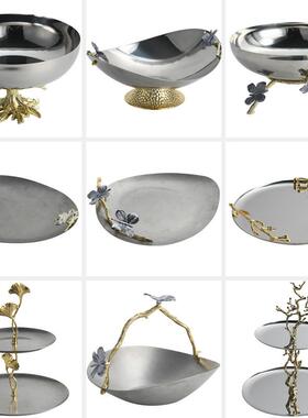 现代轻奢金属双层蛋糕盘银色不锈钢水果盘托 托盘家居饰品收纳盘