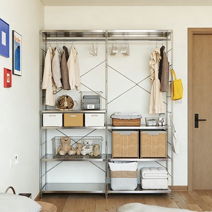 日式落地不锈钢衣帽架卧室开放衣柜阳台花盆架玄关收纳挂衣架子