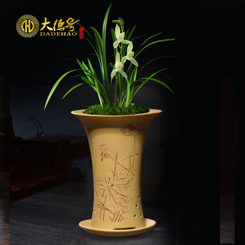 紫砂花盆全手工刻绘兰草吊蓝春兰建兰墨兰室内兰花盆专用盆带托盘