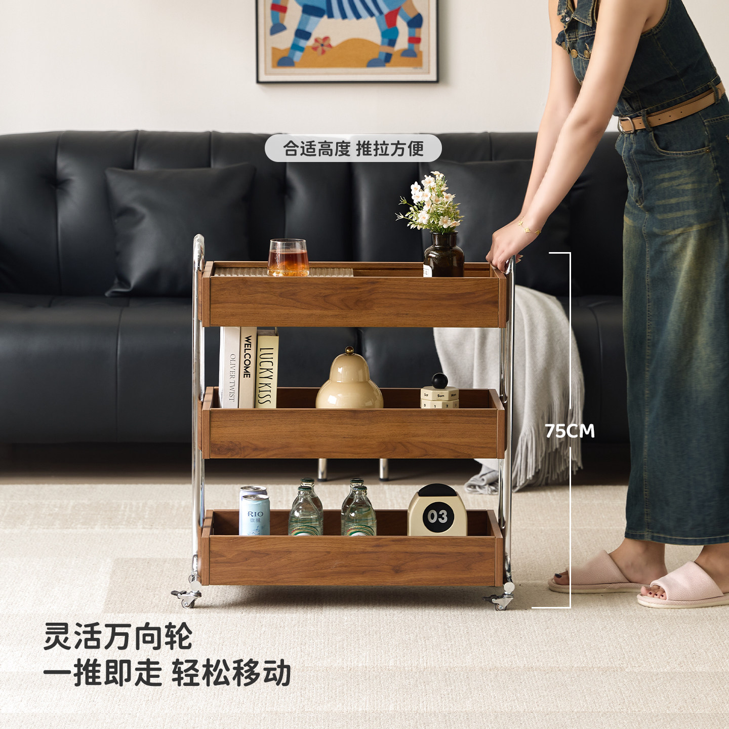实木边几多层收纳层架移动储物推车带轮沙发边几茶几客厅厨房置物