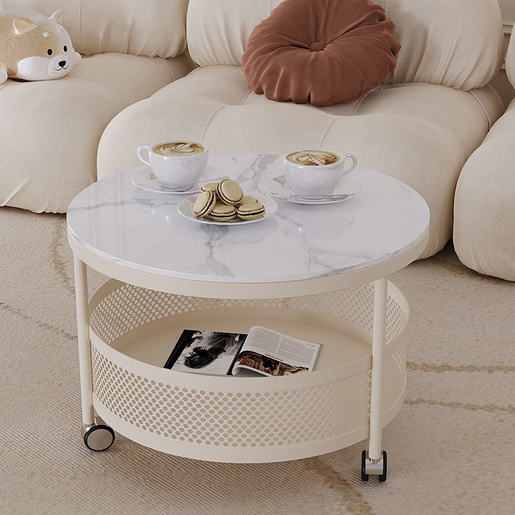 网红奶油风法式岩板茶几客厅家用现代简约小户型可移动带轮小圆桌