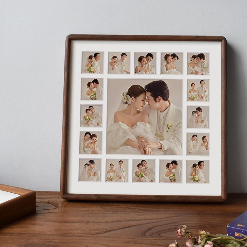 九宫格实木圆角榫卯相框D款黑胡桃樱桃木柚木30*30创意正方形摆台