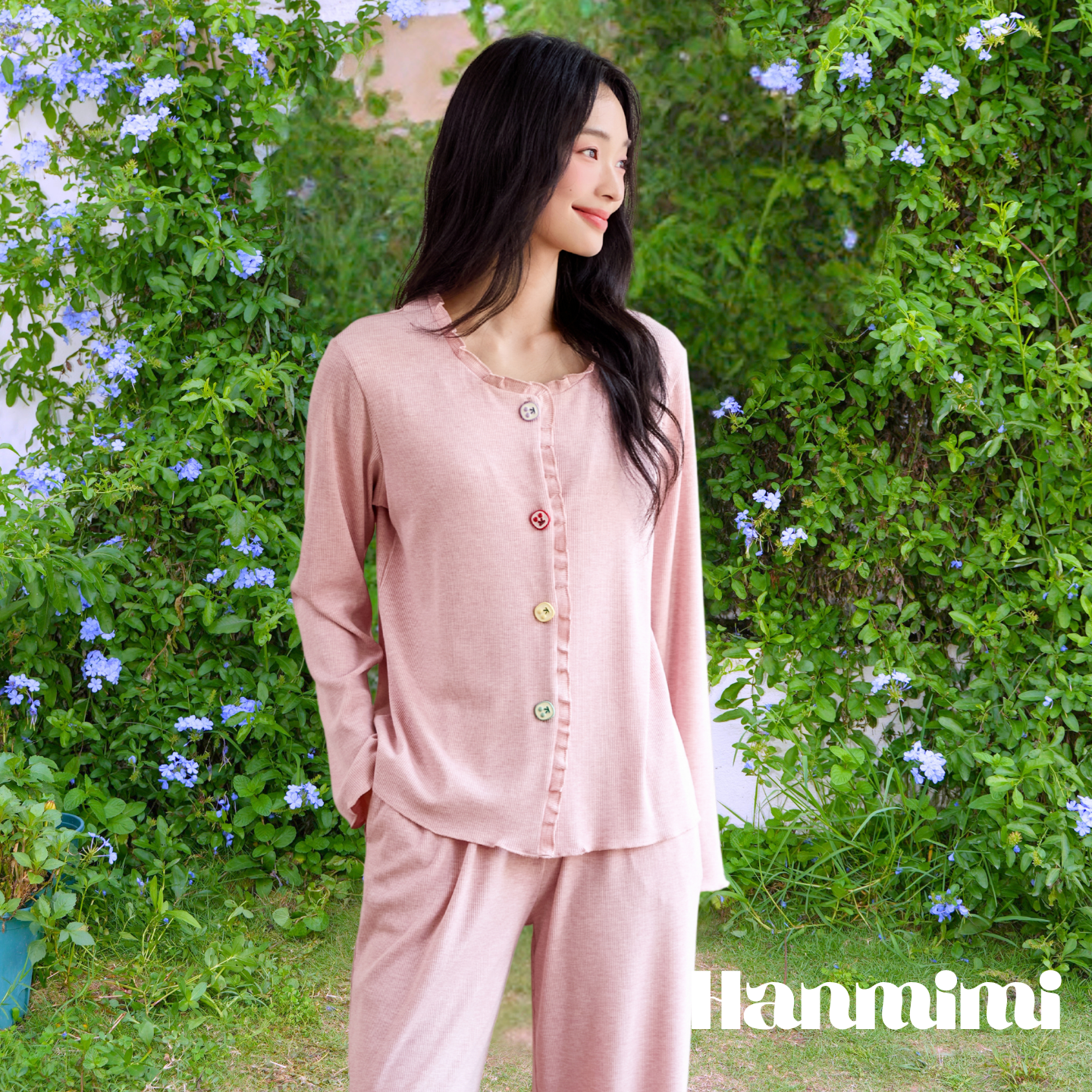 韩蜜蜜螺纹彩棉家居服木耳边可爱甜美个性小众纽扣春秋季女士睡衣