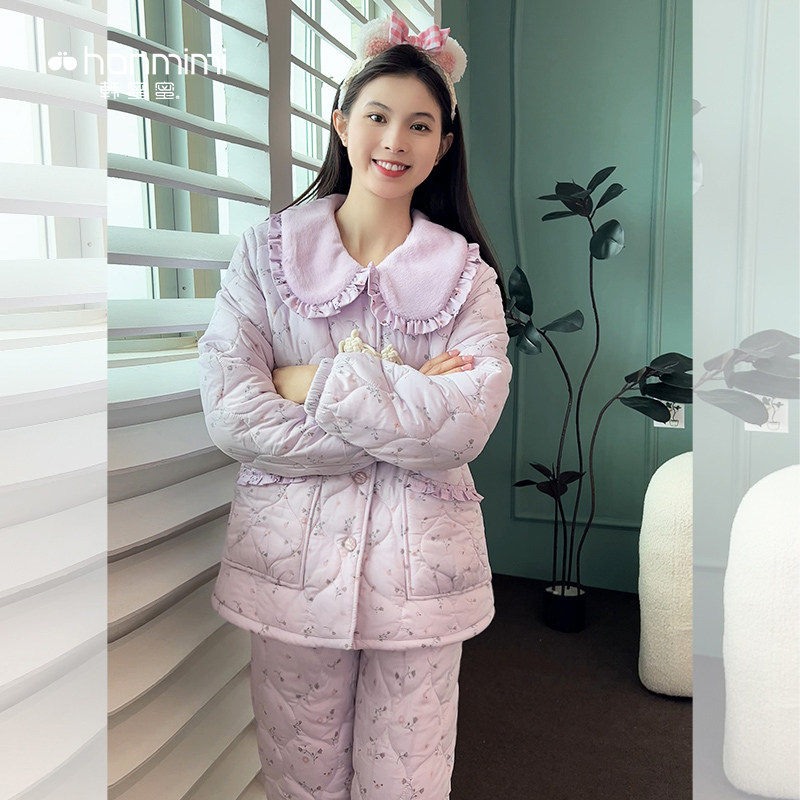 韩蜜蜜冬季长袖棉服女款休闲紫色碎花保暖加厚羽绒睡衣套装家居服