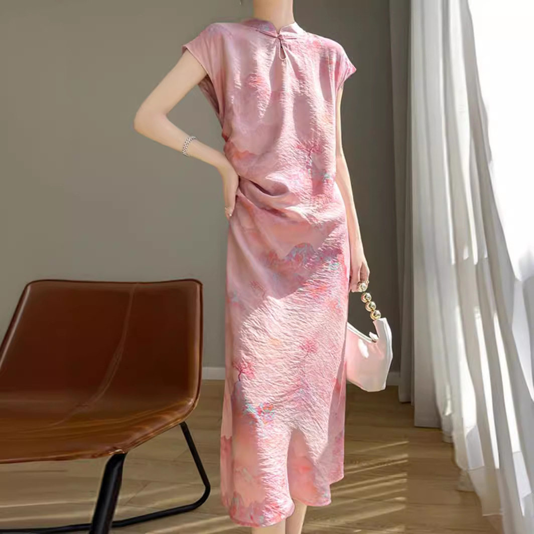 2024春夏季新款女式国风复古显瘦连衣裙天丝棉新中式长款改良旗袍