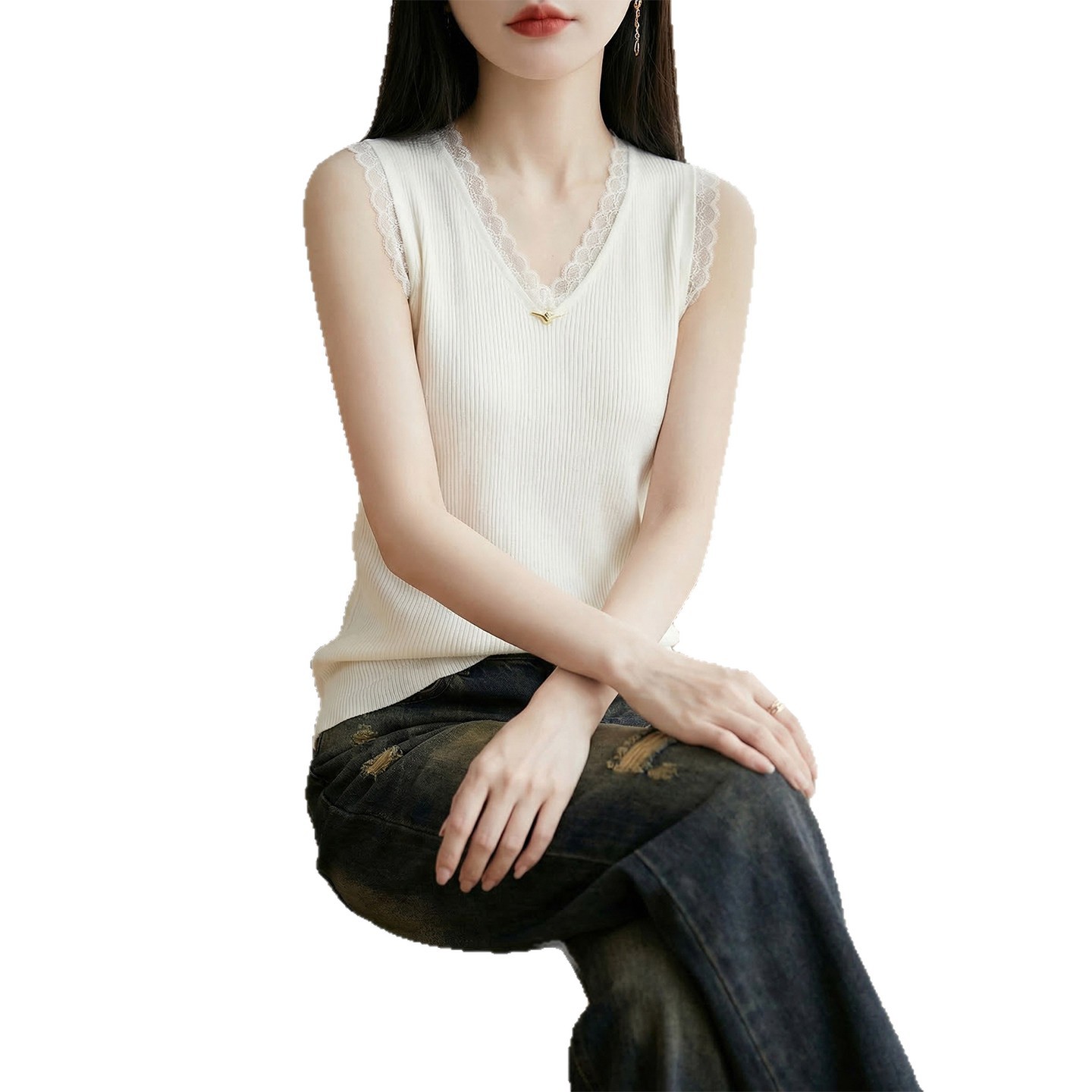 性感蕾丝V领吊带背心女无袖冰丝T恤外穿洋气上衣西装内搭打底小衫