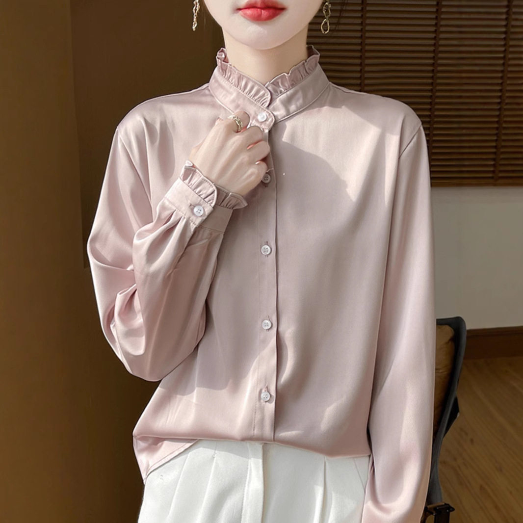 2025春季新款轻奢质感缎面花边半高领衬衫女气质优雅减龄百搭上衣