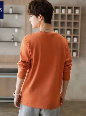 橘黄橙色长袖t恤男士2025春季新款青L少年高中生潮流加绒秋衣