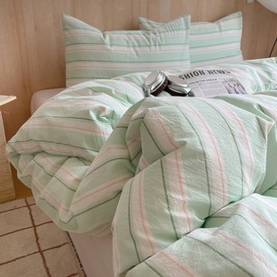 新款博主b风色织水洗棉四件套全棉床单被套学生宿舍单人三件套