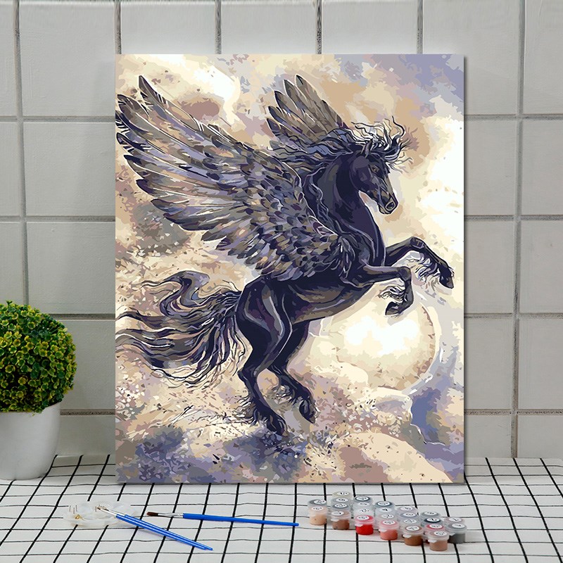 diy数字油画动物风景定制手工涂色填充减压客厅T装饰画飞天马黑马图片