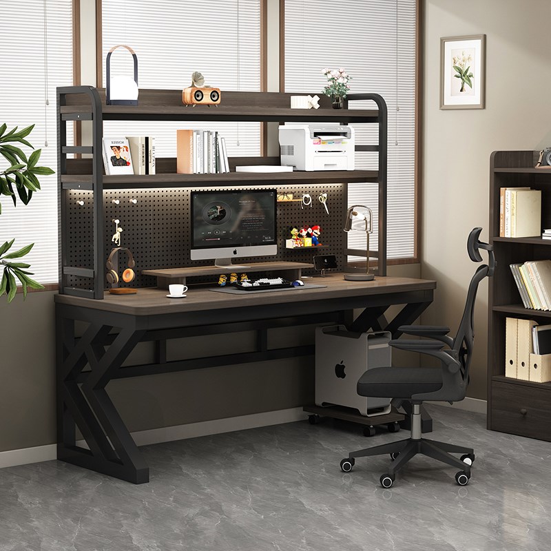 实木电脑桌台式学生家用书桌写字桌带书架办公桌卧室电竞桌子
