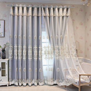 现代欧式 绣窗帘层遮光客厅卧室落地窗成品布带纱一体定制