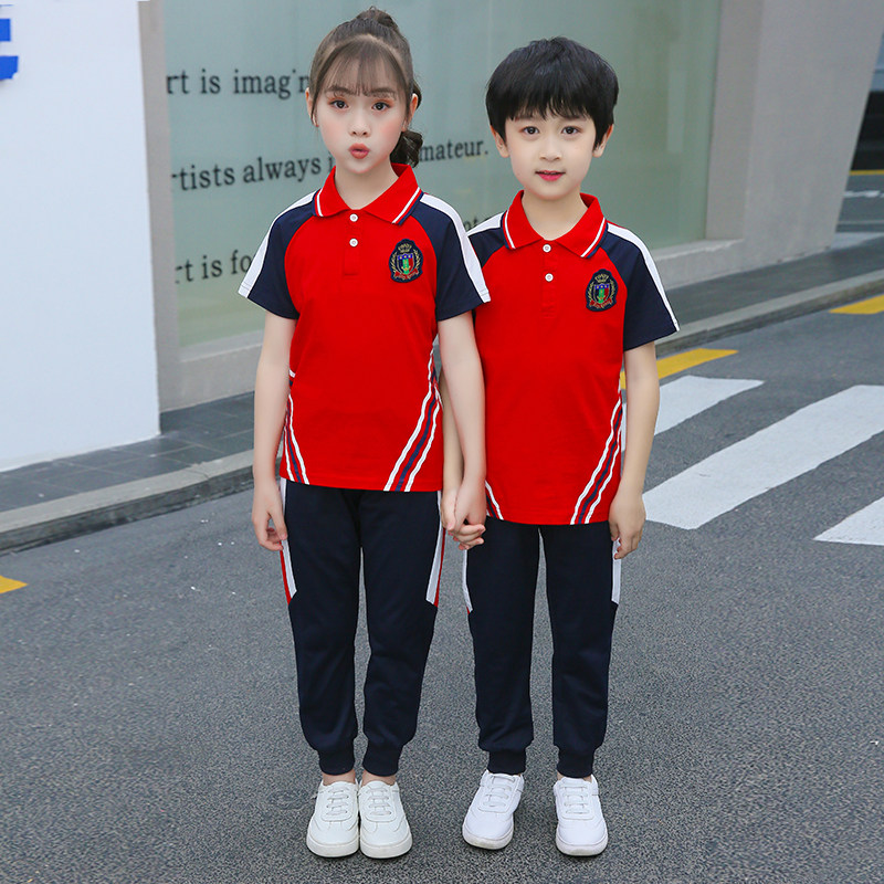 幼儿园园服小学生校服夏装红色长E裤儿童班服春秋套装夏季两件套