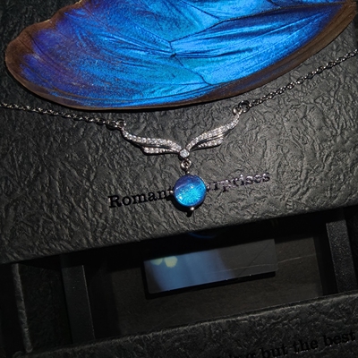 银层蓝闪蝶蝴蝶标本翅膀小天使银项链生日礼物创意手工首饰成品