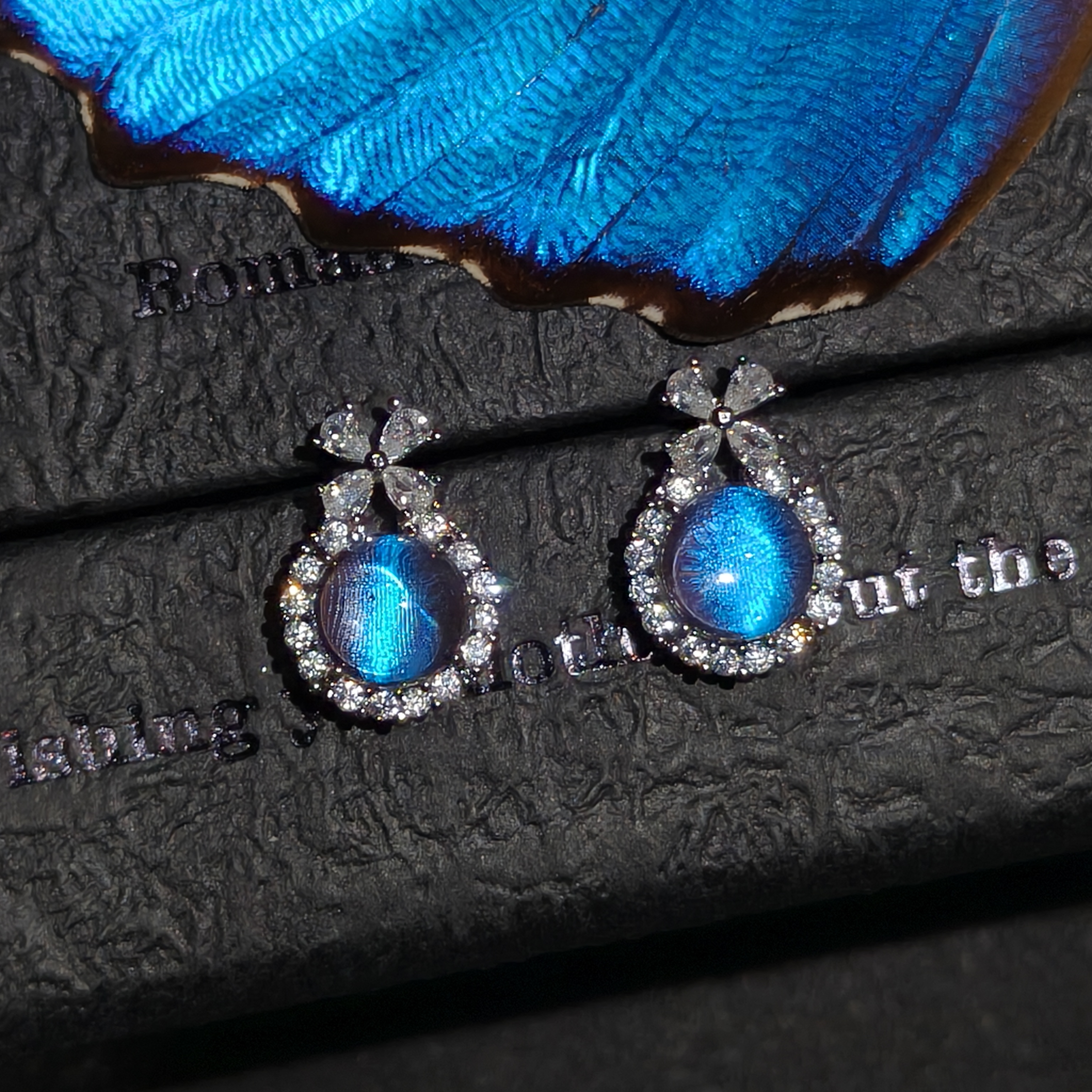 银针蓝闪蝶蝴蝶标本翅膀蝴蝶结耳钉生日礼物创意手工制作首饰成品