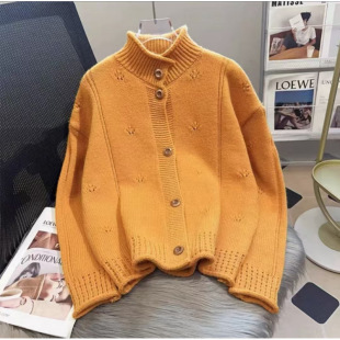 上衣女 开衫 新款 卷边设计感单排扣立领纯色简约百搭宽松针织长袖