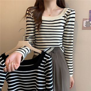修身 韩版 短款 百搭长袖 女上衣 黑白条纹针织衫 u领打底衫 女秋新款