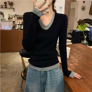 女秋冬新款 针织衫 别致内搭高级感毛衣 u领长袖 设计感撞色气质修身