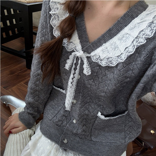 甜美复古减龄感蕾丝娃娃领毛衣外套女秋冬新款 上衣 慵懒风针织开衫