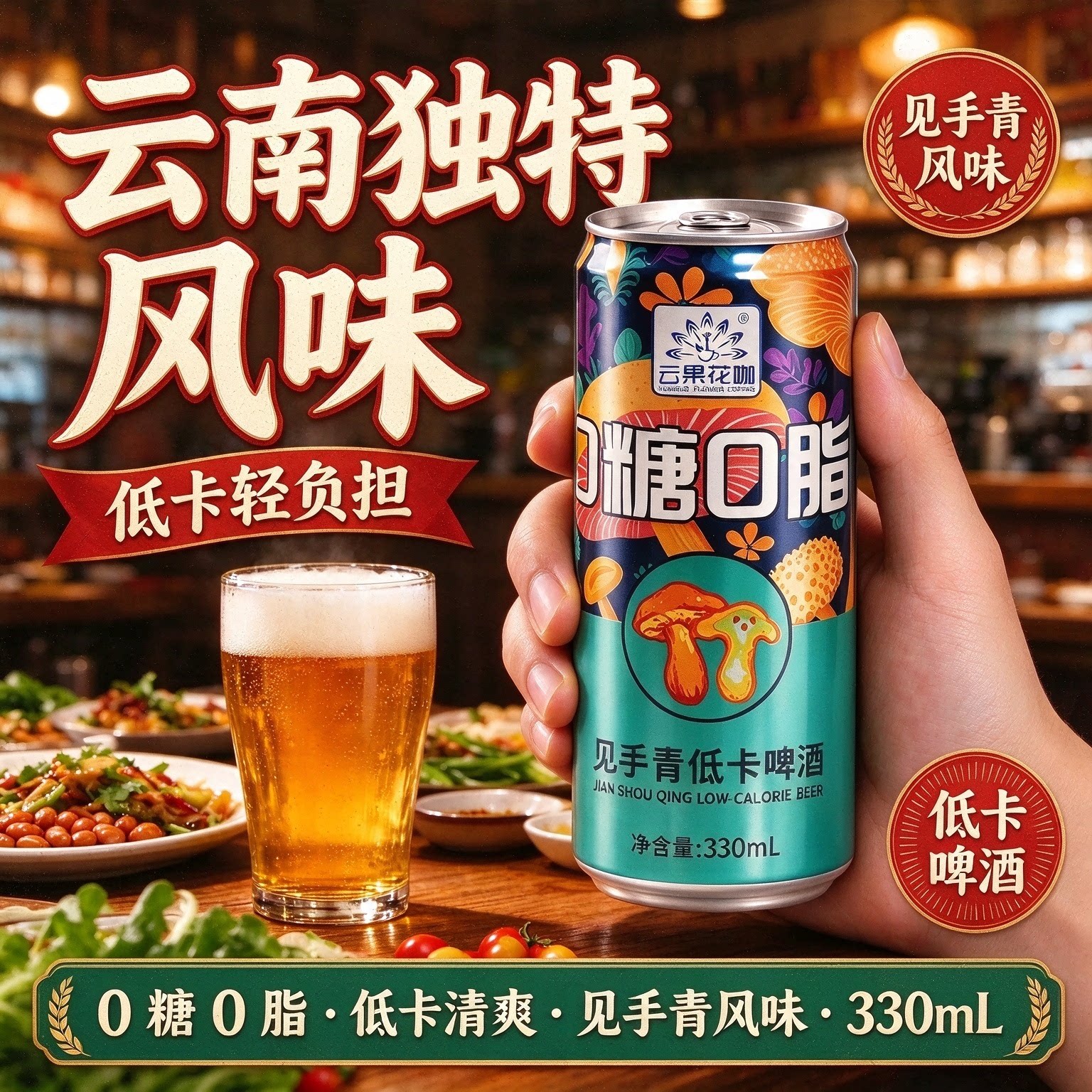 见手青啤酒330ml低卡0糖0脂精酿云南特产蘑菇啤酒24瓶整箱批发