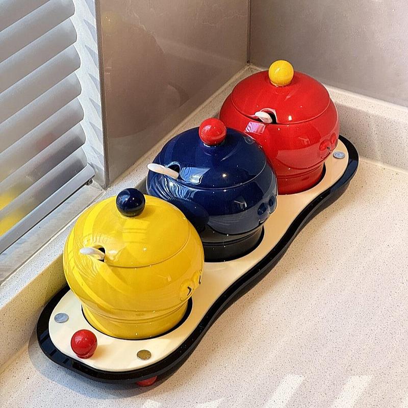 【厨房好物】多巴胺调料罐盐罐家用高端陶瓷组合套装带勺不发霉