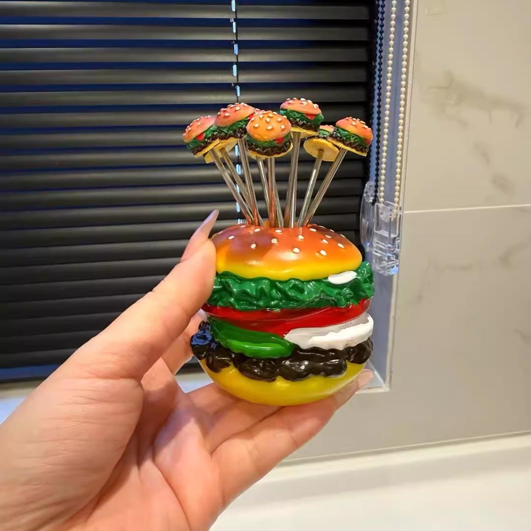 可爱麦当劳汉堡水果叉套装家用儿童蛋糕甜品零食小叉子收纳罐摆件