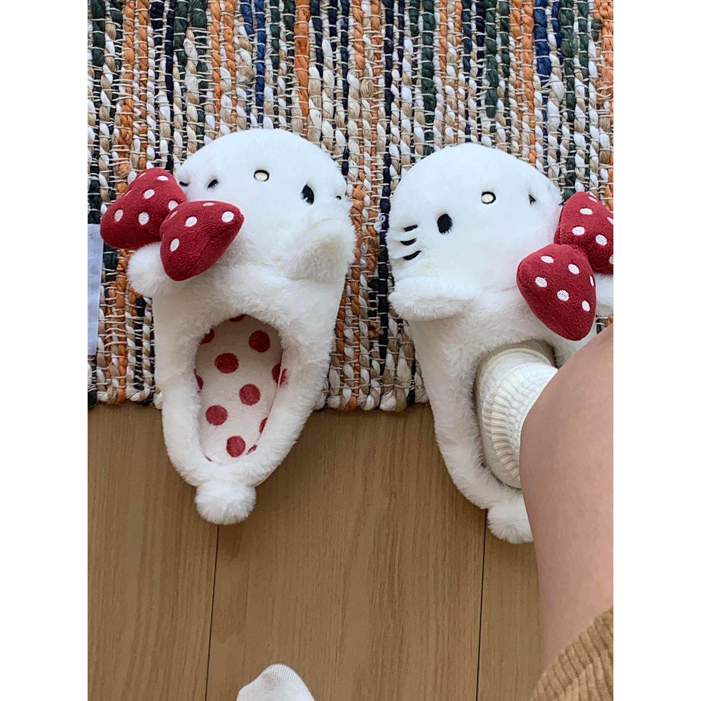 波点Kitty棉拖鞋卡通室内宿舍毛毛拖鞋加绒加厚秋冬季可外穿棉鞋