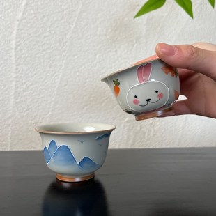家用主人杯品茗杯釉下彩单杯男女对 草木灰手绘远山j茶杯陶瓷中式