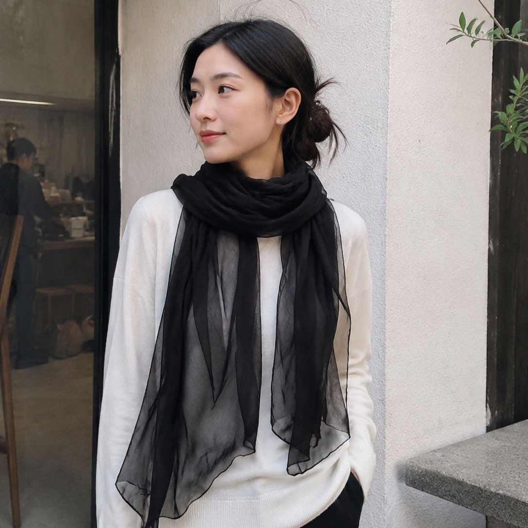 达芬奇密码新款黑色长条丝巾真丝桑蚕丝女士披肩长款纱巾围巾配饰