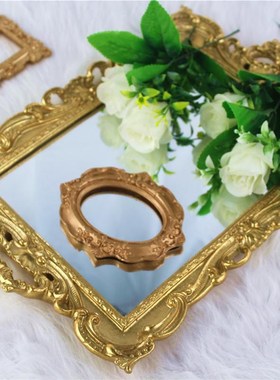 甄选物欧式覆古长方形金色镜面托盘 家居客厅甜品店树脂工艺品