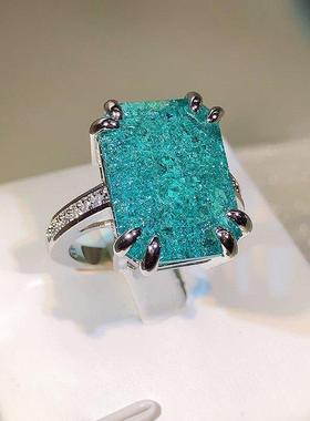 新款冰花宝石戒指长方形彷帕拉伊巴时尚立方氧化锆石戒指欧美订婚