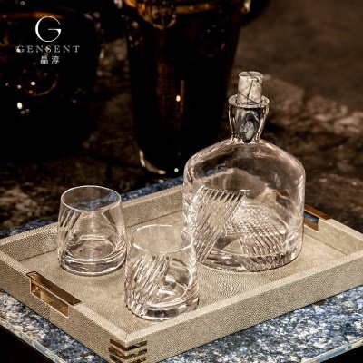 晶淳 级感大理石塞水晶手工酒具一壶2杯套装 艺术厚底酒杯壶