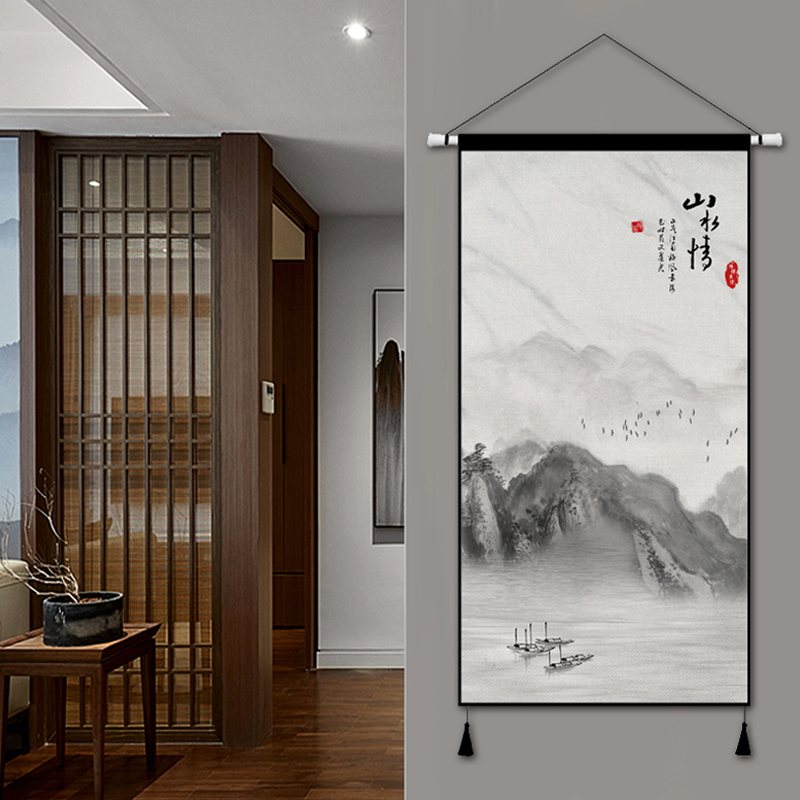 复古中式挂画布艺入户玄关挂毯客C厅卧室背景面装饰画山水写意挂图片