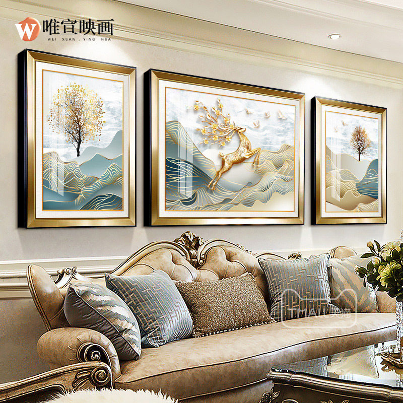 现代欧式客厅装饰画轻奢三联沙发背景墙大气福鹿高升挂画简欧墙画