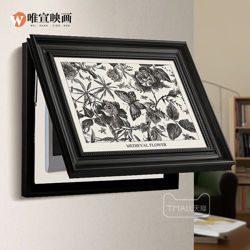 中古风黑白花卉电表箱装饰画遮挡挂画法式复古推拉液压配电箱壁画图片