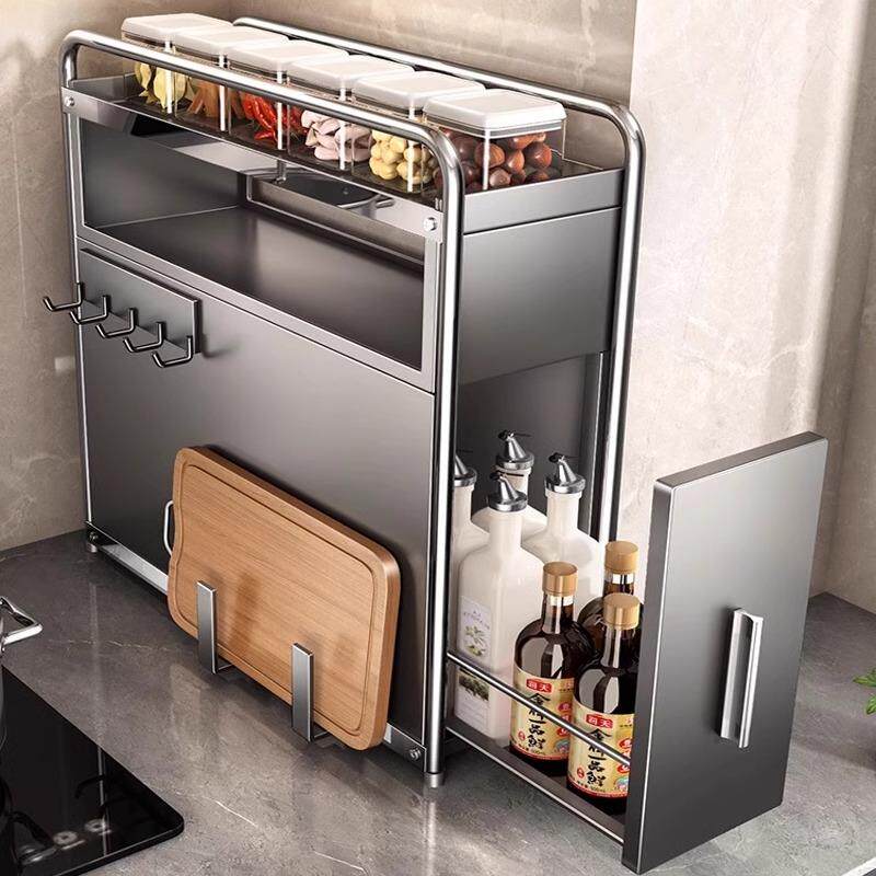 厨房置物架多功能窄边可抽拉调料柜台面多层调料品盐调味罐收纳柜