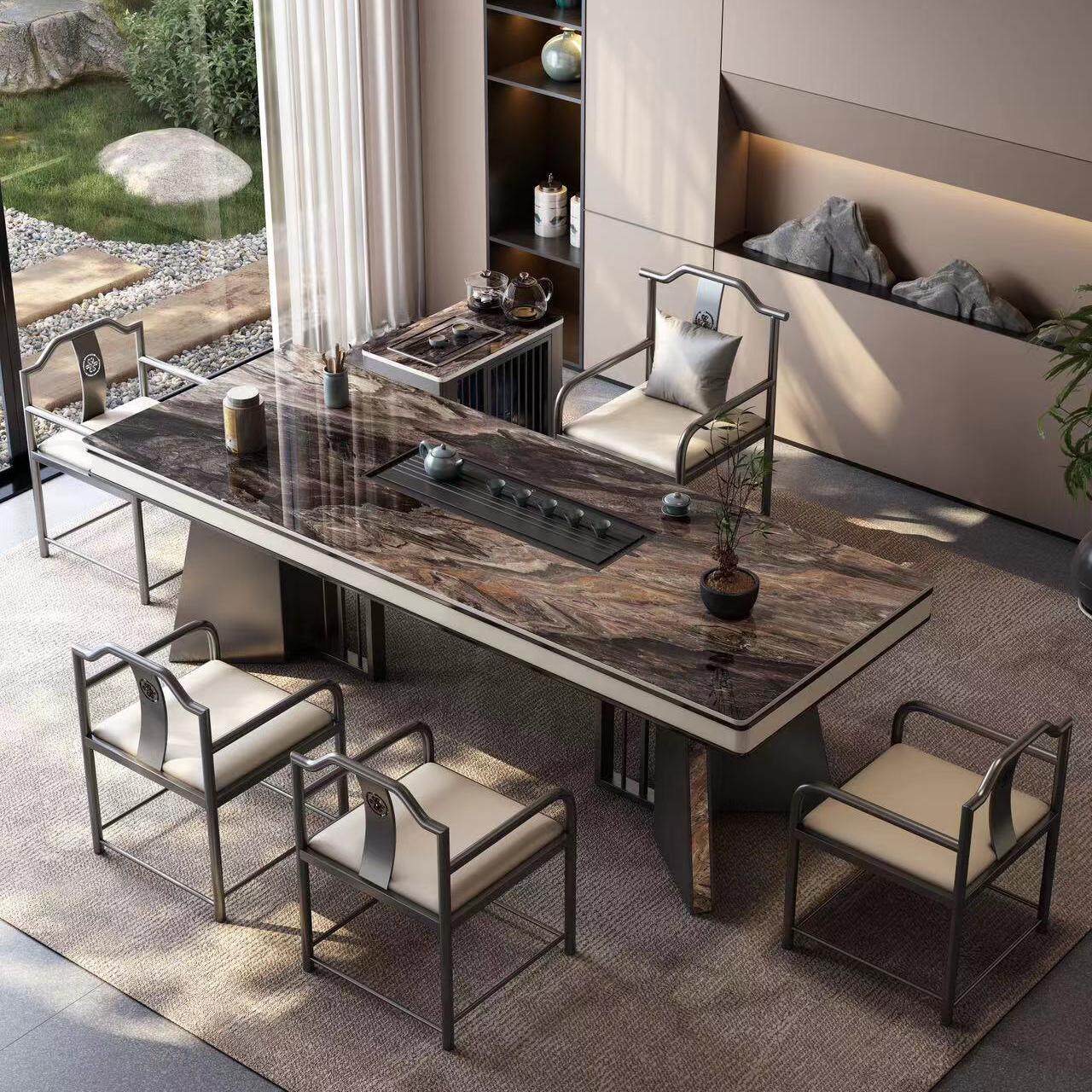 轻奢岩板茶桌大茶台简约大板泡茶桌套装现代高端办公室茶桌椅组合