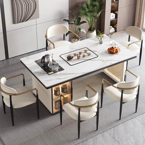 现代轻奢岩板茶桌客厅家用阳台茶台办公室茶桌椅组合一桌五椅茶几