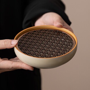米黄汝窑壶承茶承台小型家用淋壶储水盖碗茶托壶垫茶具配件