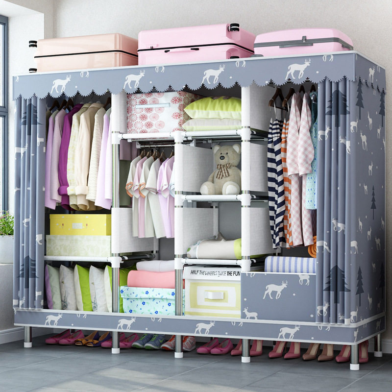 新款 拉炼全封闭简易布衣柜钢管加粗加固全钢架加厚牛津布布艺密