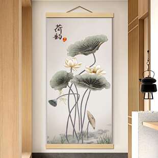 M35荷花荷叶莲叶莲花卷轴挂画书房客厅玄关防水卷轴装饰画