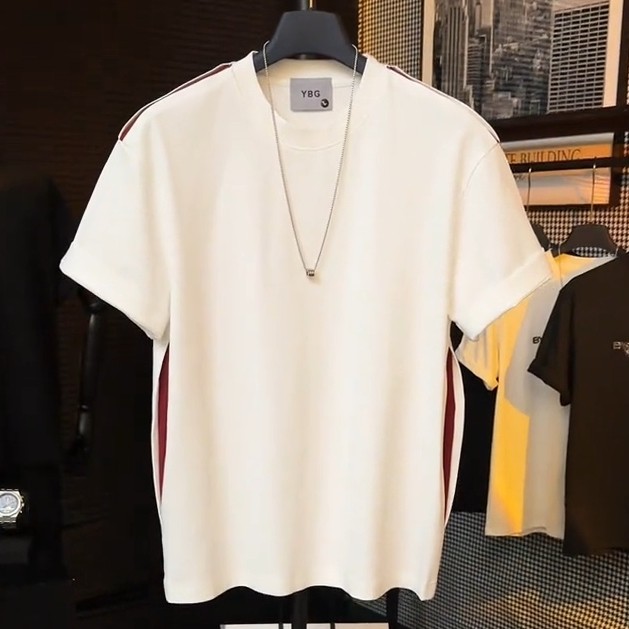 夏季潮流撞色切割结构圆领短袖男轻奢小众设计感时尚百搭休闲T恤