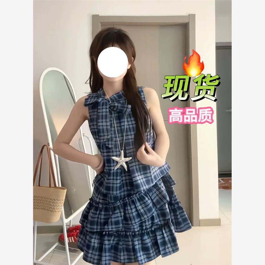 ANNATT0 不眠海 蓝色格纹荷叶边连衣裙女夏季宽松显瘦无袖蛋糕裙