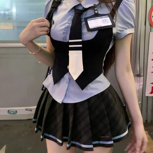 美式复古学院风jk制服女夏辣妹短袖衬衫百褶裙马甲背带假两件套装
