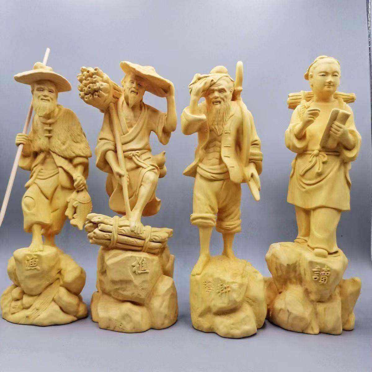 黄杨木雕工艺渔樵渔耕实木耕读摆件玄关人物家居客厅装饰桌面雕刻