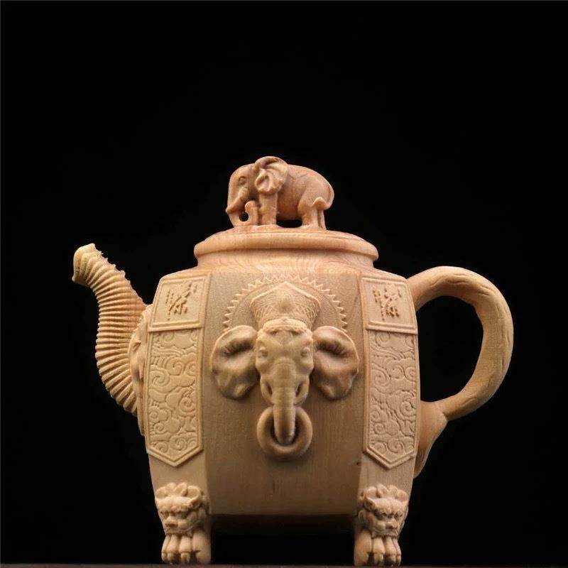 小叶黄杨木象壶摆件实木雕刻大象茶壶传统雕刻工艺桌面茶宠把玩件