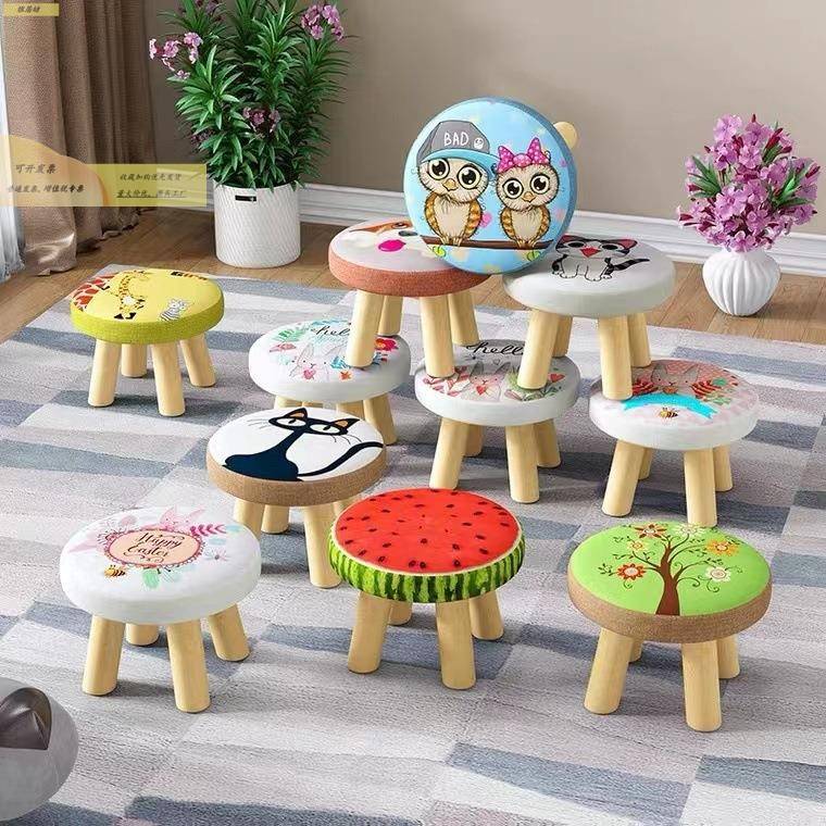 小凳子家用实木腿圆凳可爱布艺儿童生肖矮凳蘑菇凳卡通创意小板凳