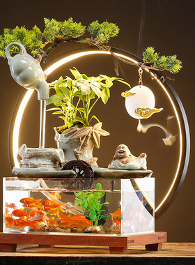 招财流水生财喷泉摆件办公室桌面中式景观水循环玻璃鱼缸开业礼物