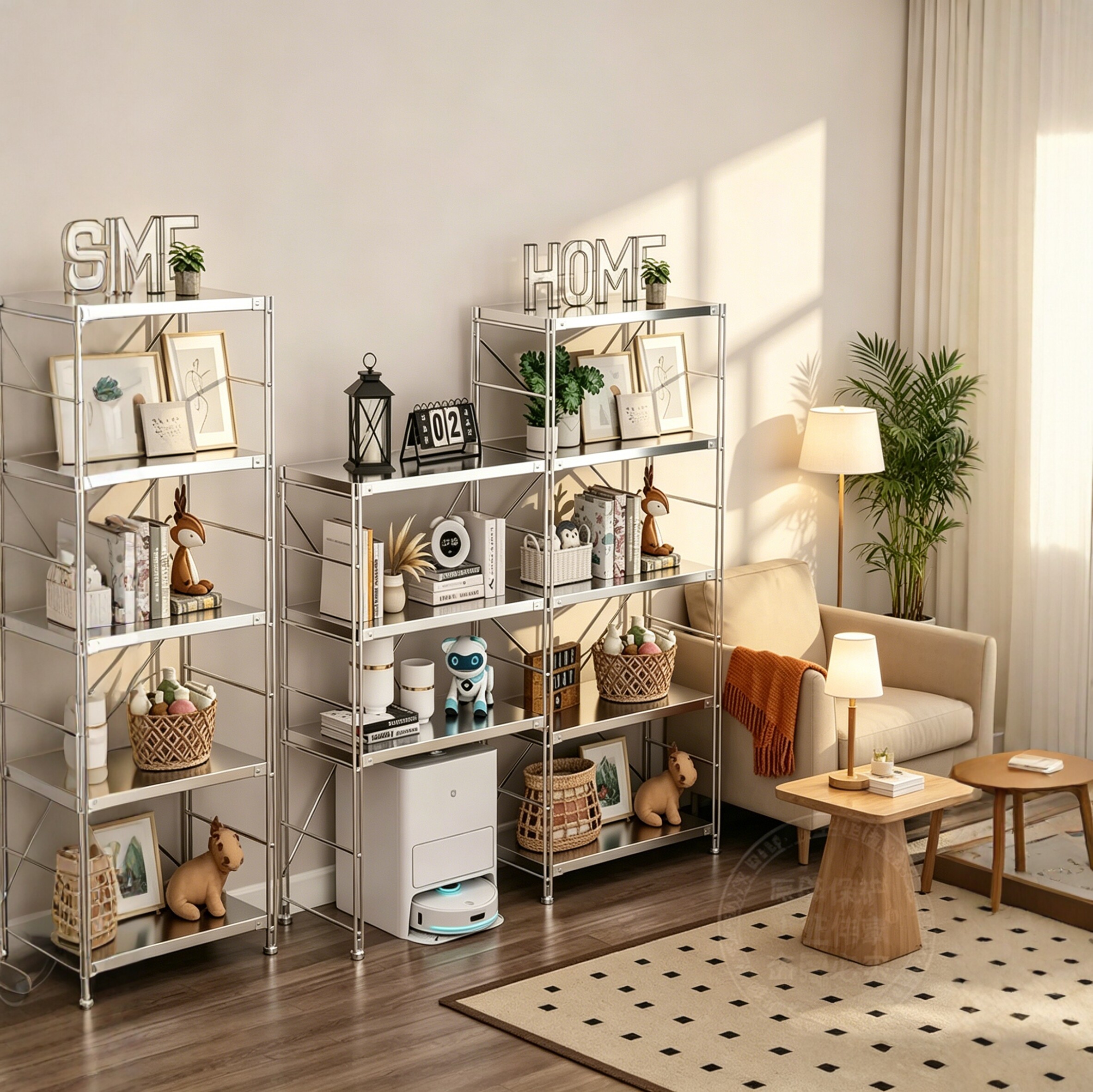 不锈钢日式置物架客厅储物架落地式书架厨房收纳架可调节防潮架子