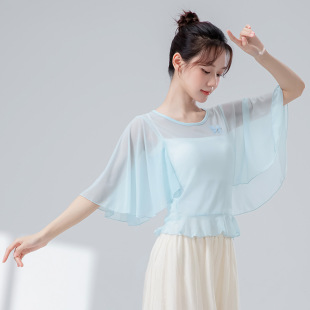 2026年新款舞蹈练功服短袖上衣成人现代舞蹈纱衣蓝色古典舞蹈服女